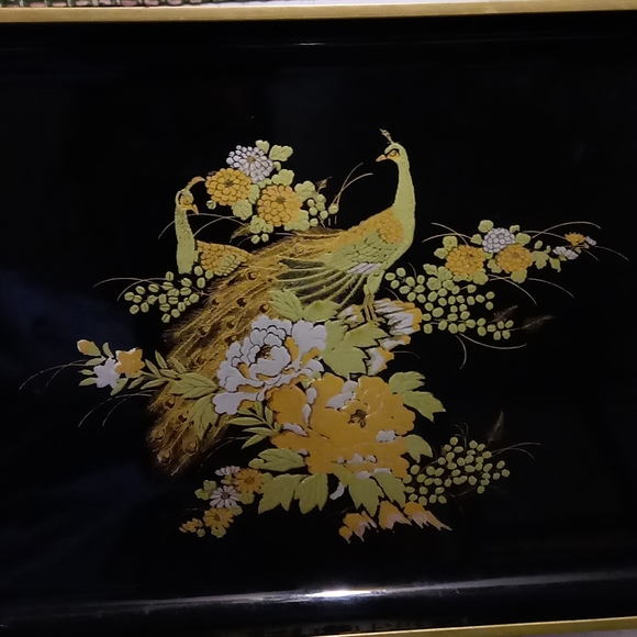 Otagiri Original Gold Peacock Flowers Black Lacquer Tray Dish Hand Crafted Japan - Picture 6 of 14